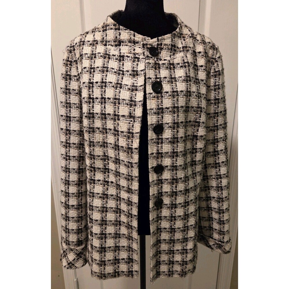 Ann Taylor Women’s Black/White Plaid Lined Button Front Jacket Long Sleeve 12